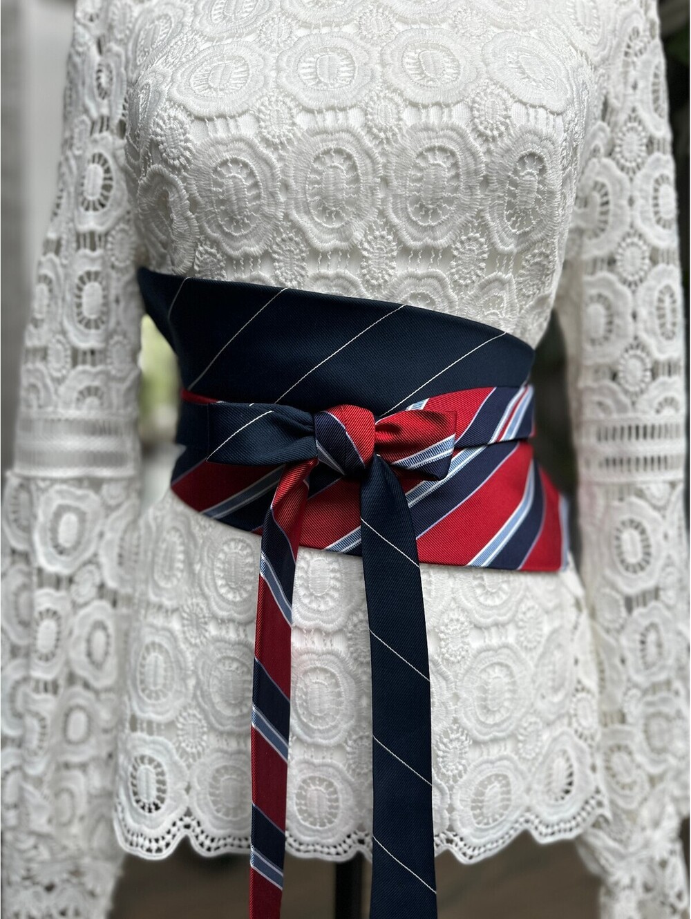 Upcycled Silk Corset Obi Waist Belt | OOAK | OS | Red Navy Stripes